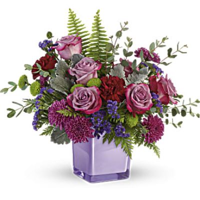 <div id="mark-3" class="m-pdp-tabs-marketing-description">A serene style statement in lush lavender roses and fresh maroon blooms, this rich bouquet in an amethyst-colored cube is a beautiful surprise for any occasion!</div>
 
<div id="desc-3">
<ul>
 	<li>
<blockquote>Lavender roses, maroon carnations, purple cushion spray chrysanthemums, green button spray chrysanthemums, and purple sinuata statice are accented with sword fern, leatherleaf fern, dusty miller, and parvifolia eucalyptus.</blockquote>
</li>
</ul>
</div>